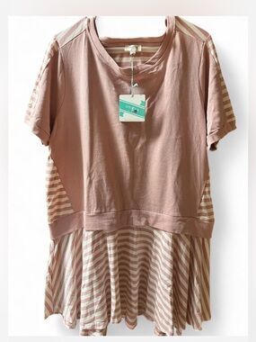Umgee NWT Pink Striped Babydoll Peplum Tunic Top Size L
